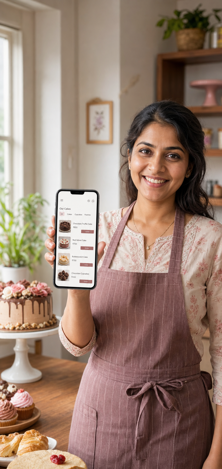 Indian home bakery owner showing her ordering app