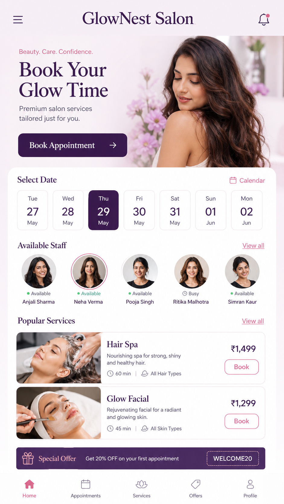 GlowNest Salon app screen