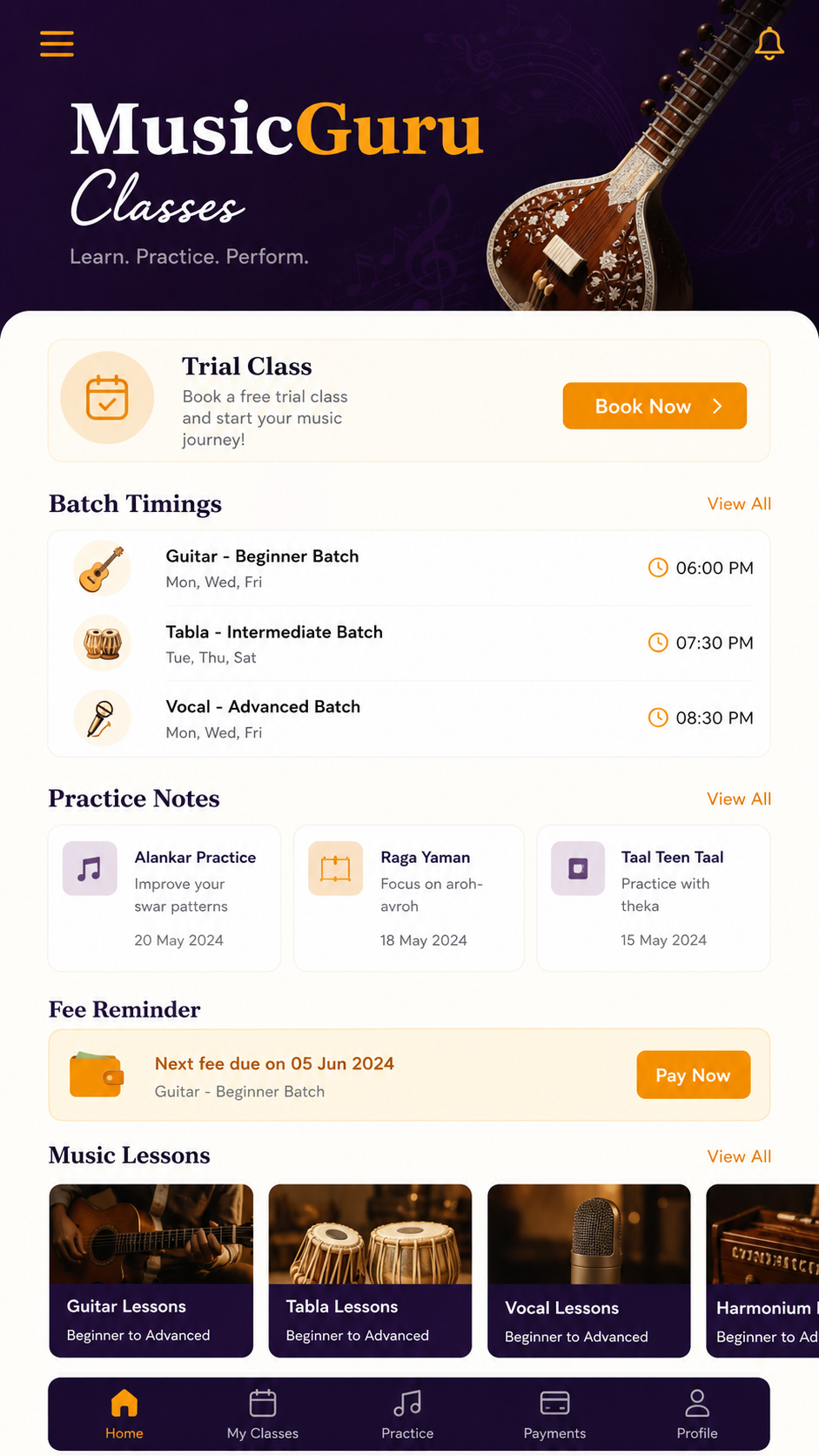 MusicGuru Classes app screen