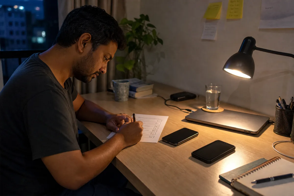 An app founder checking a launch checklist beside test phones at a home-office desk.
