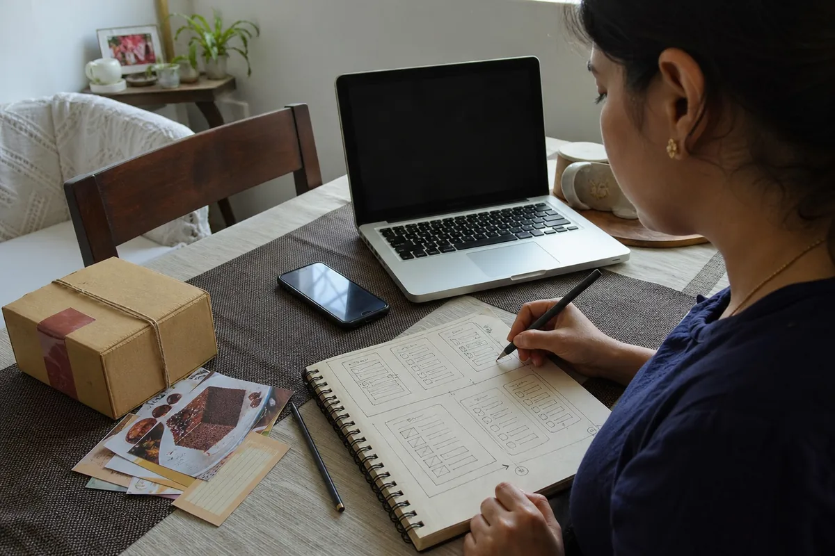 A home-business owner sketching an app idea beside her phone and laptop.