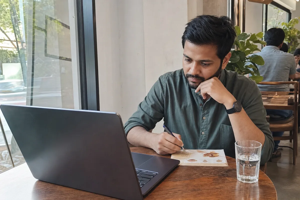A business owner reviewing a website plan at a cafe table.