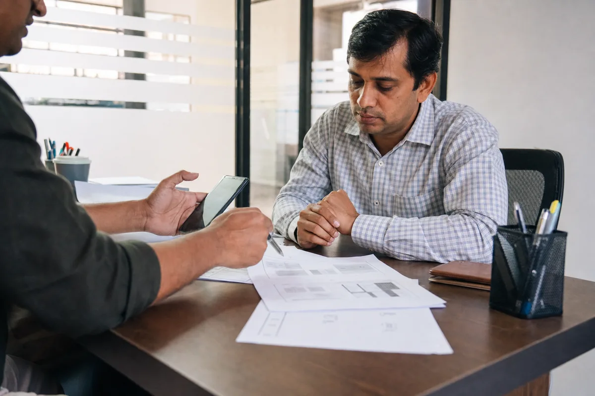 A small-business owner discussing an app scope with a developer in an office.