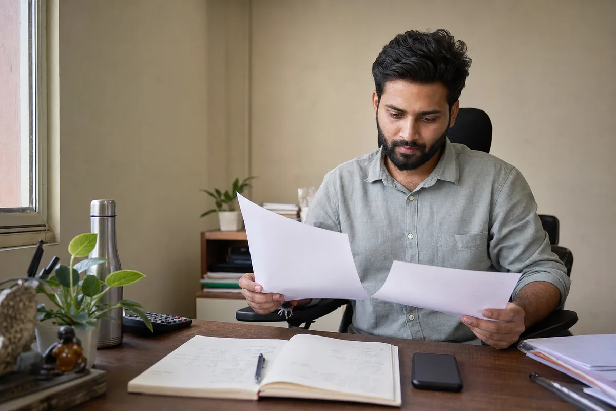 A small-business owner comparing app project quotations at a desk.