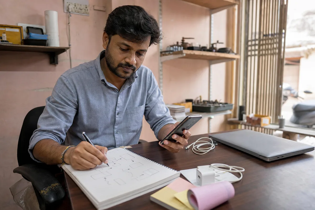 Indian business owner mapping a customer journey for a new app