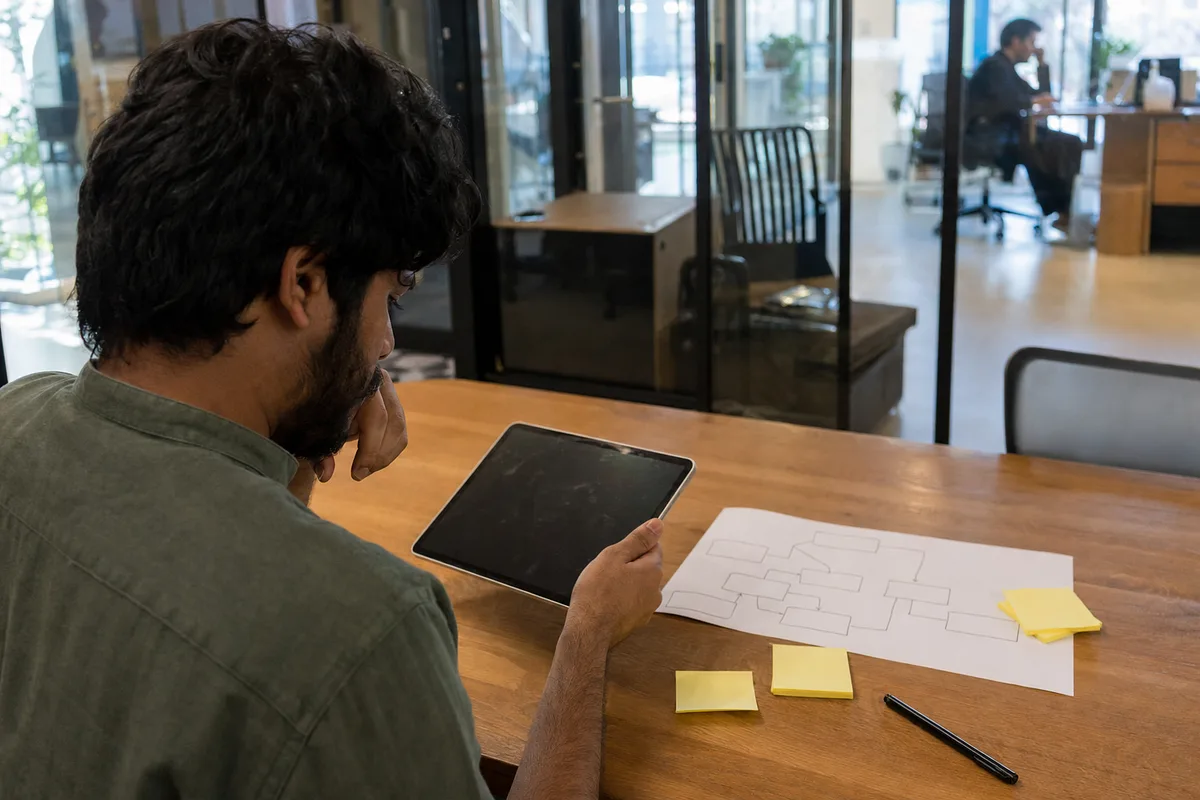 Founder evaluating a no-code app idea at a shared workspace