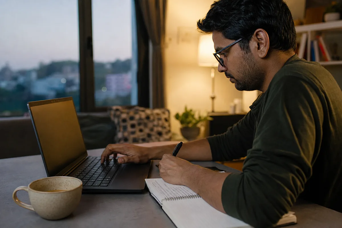 Learner building practical app skills at home in the evening