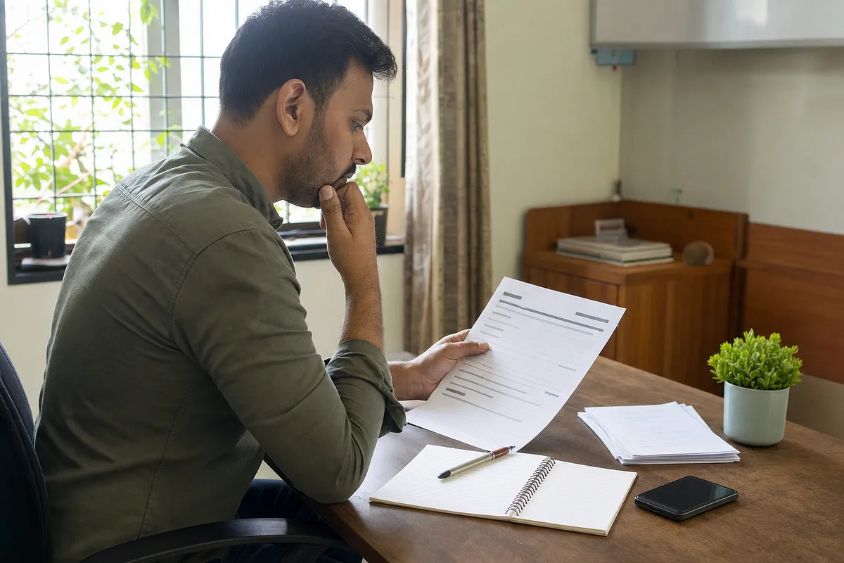 Professional thoughtfully reviewing a course decision at a desk