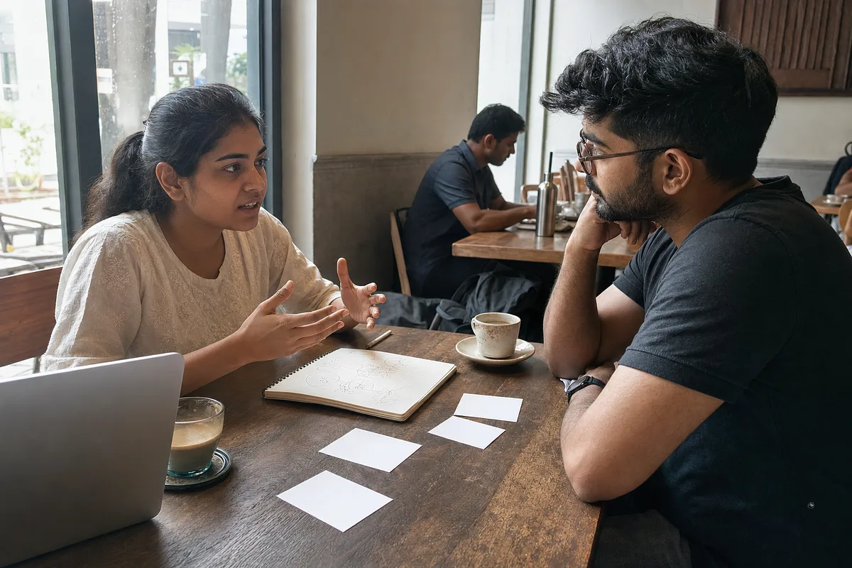 Two founders discussing customer feedback for a SaaS idea
