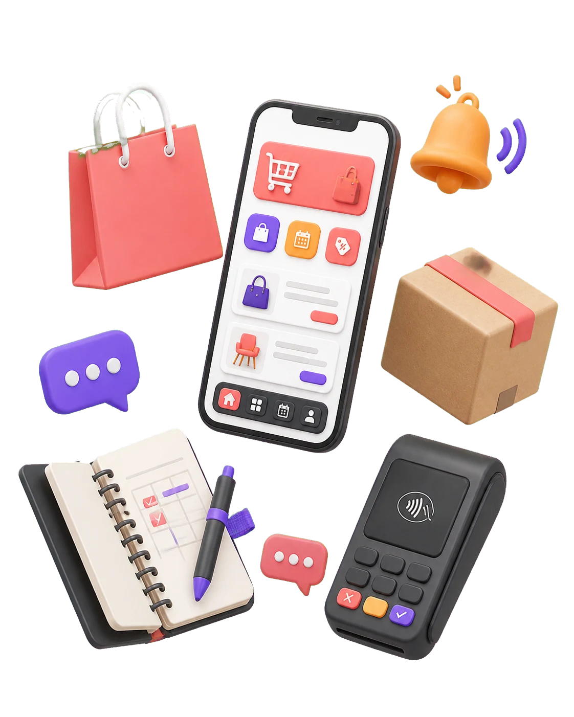 3D cutout of a phone surrounded by shopping, booking, messaging and payment tools