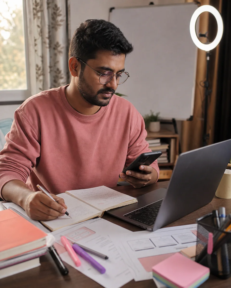 Indian coach organising student messages, lessons and notes at a home desk