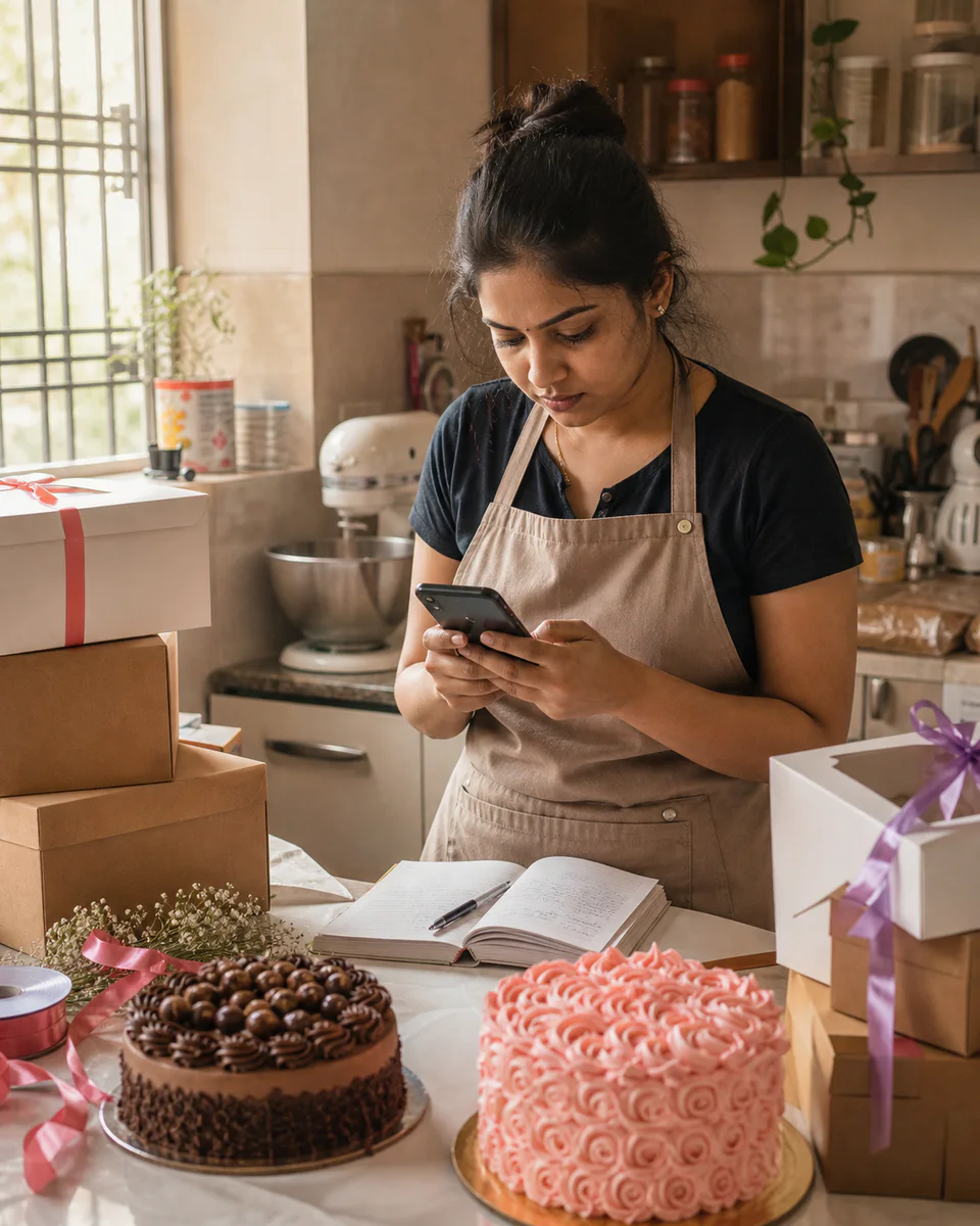 Indian home bakery owner managing phone orders beside cakes and handwritten notes