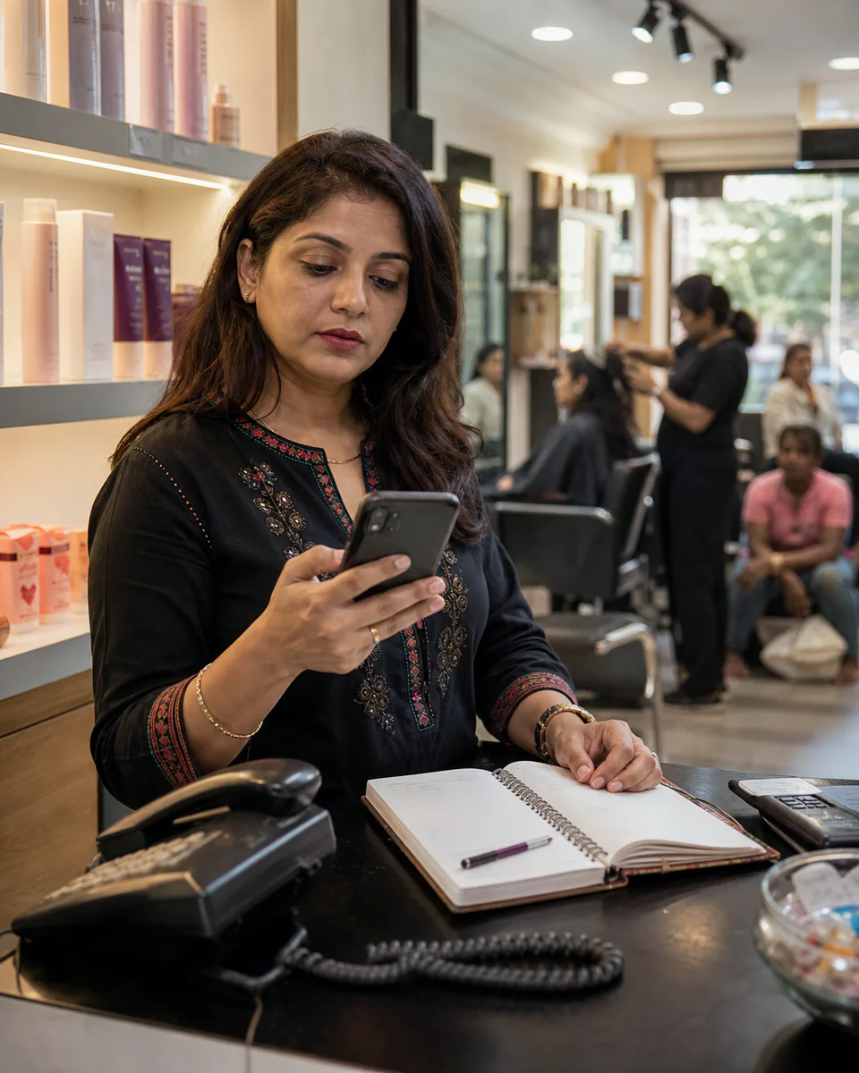 Indian salon owner checking appointment messages beside a paper diary