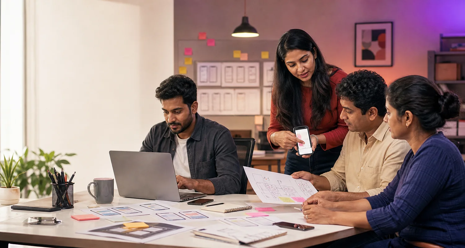 Indian app studio team and business owner reviewing mobile app screens together